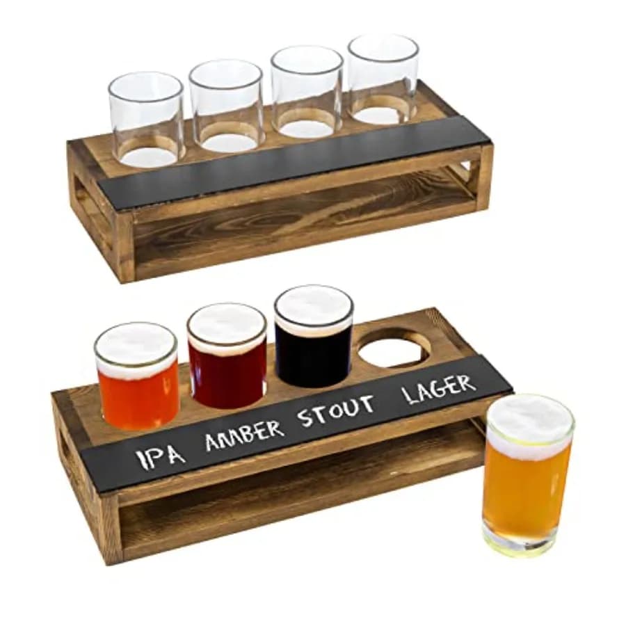 Set da Servizio Rustico in Legno Massello Bruciato Marrone Scuro con Vassoio per Degustazione Birra, 4 Bicchieri e Set di Etichette Lavabili a Gesso