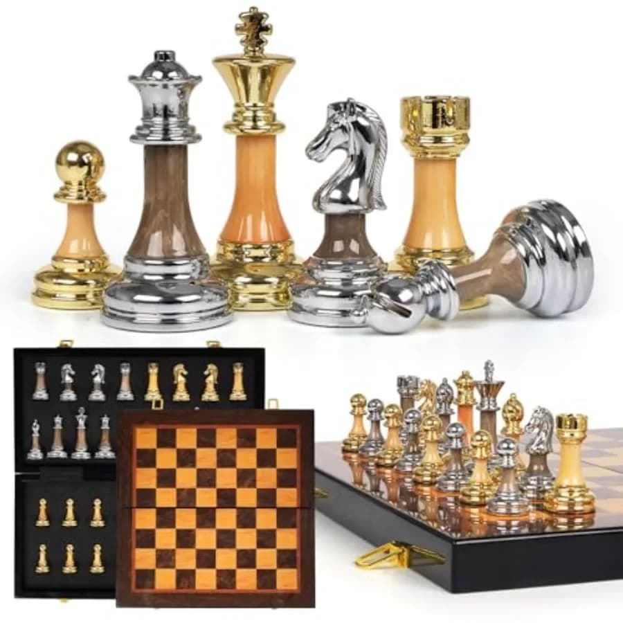 Set di scacchi da torneo per adulti e bambini: pezzi pesati in metallo e acrilico su scacchiera in legno 17,3.5 king, design pieghevole di lusso
