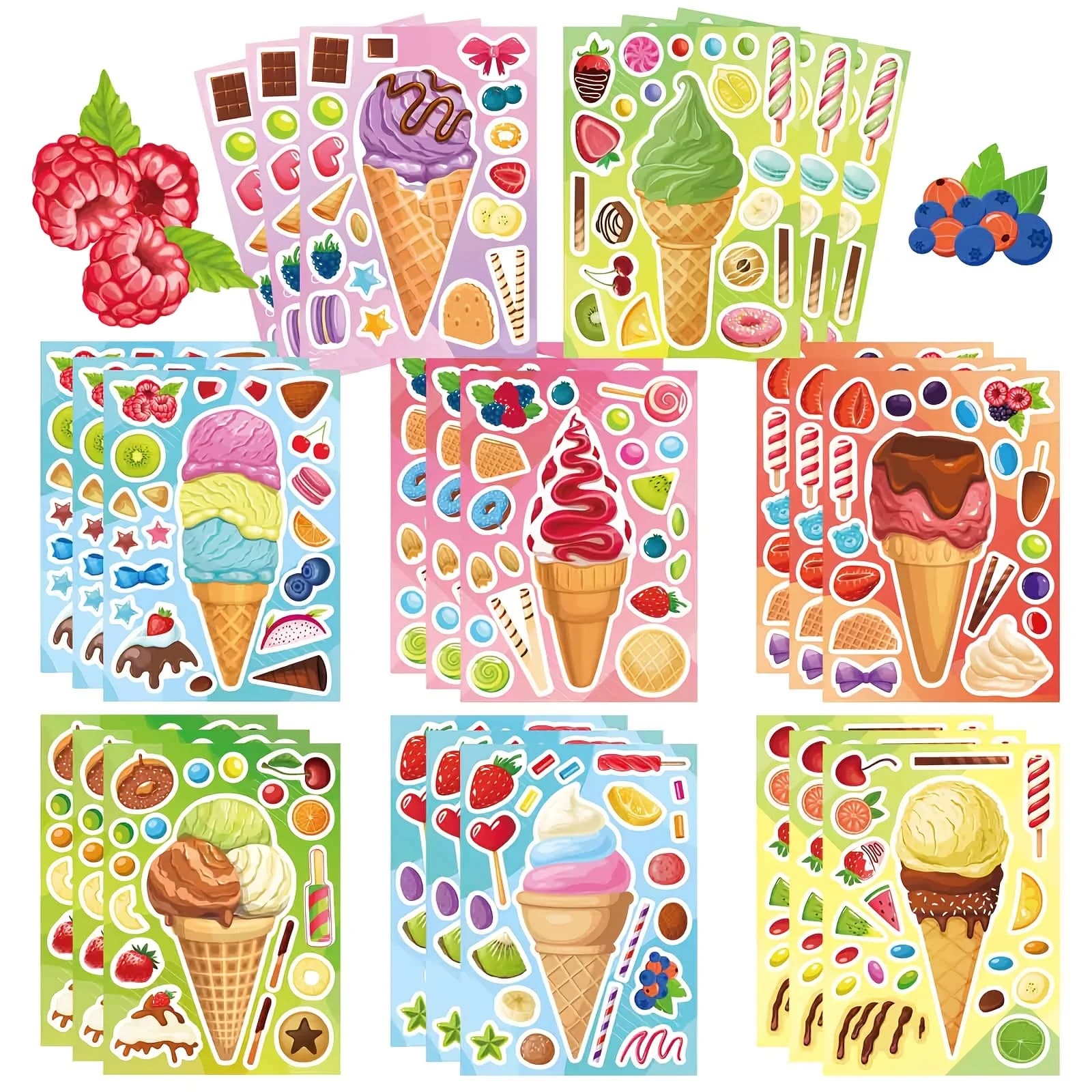 8 Sheets Ice Cream Stickers, Cute Summer Fruit Dessert Stickers for Birthday Party Favors Scrapbooking Decor