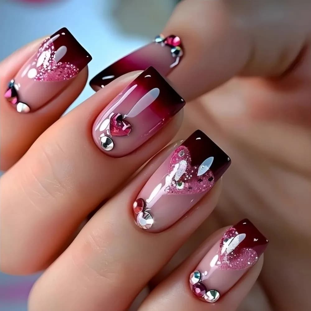 24Pcs Medium long fake Nail Tips with 3D Heart Flower Design gradien purple red French Square Ballet tips Press-On false nail