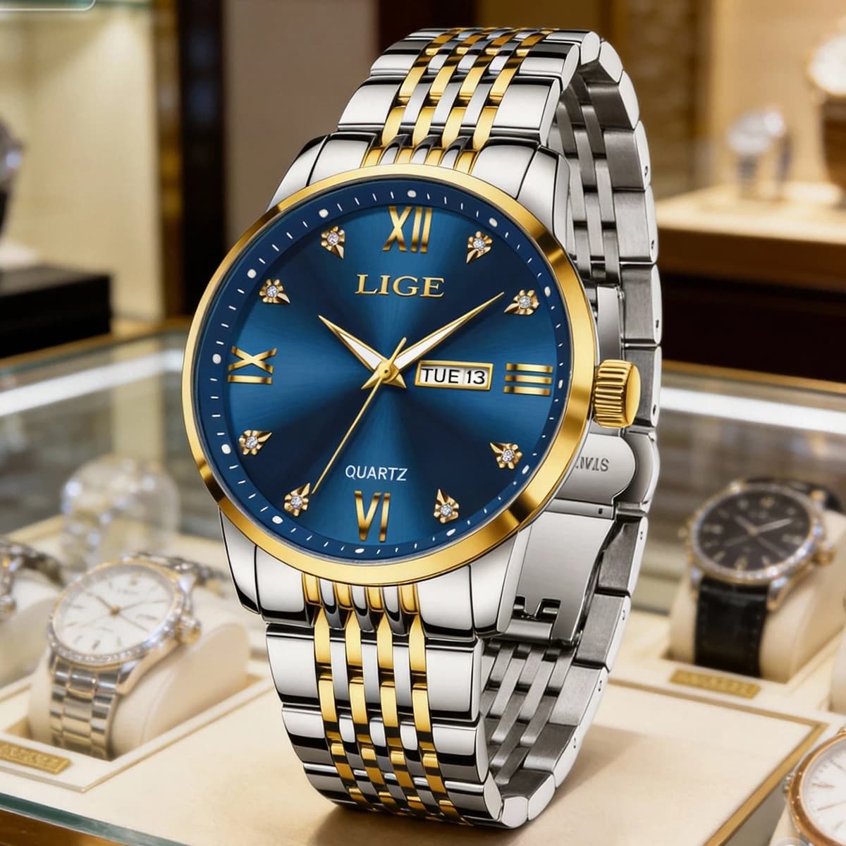 LIGE Men's Watch with Diamonds, Bright, Double Calendar, Quartz Movement, Stainless Steel Blue and Gold, Elegant Business Clock