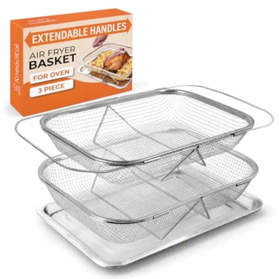 Cestello per friggitrice ad aria per forno, set da 3 pezzi con manici estensibili, cestelli grandi e medi in acciaio inossidabile 304 e vassoio per forno a convezione
