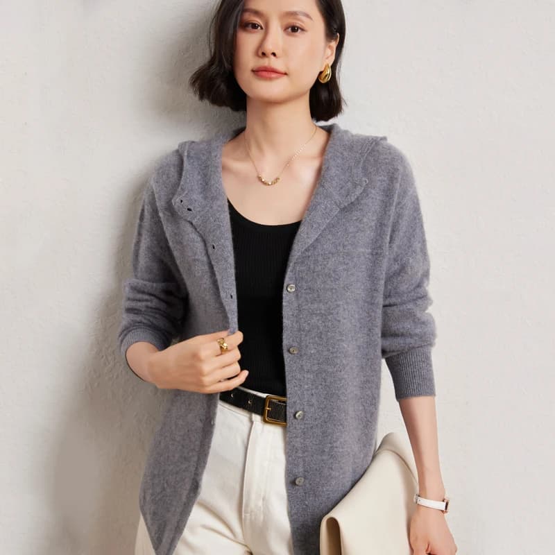 Cardigan alla moda 100% lana merino lavorato a maglia maglione con cappuccio autunno e inverno donna manica lunga abbigliamento elegante top