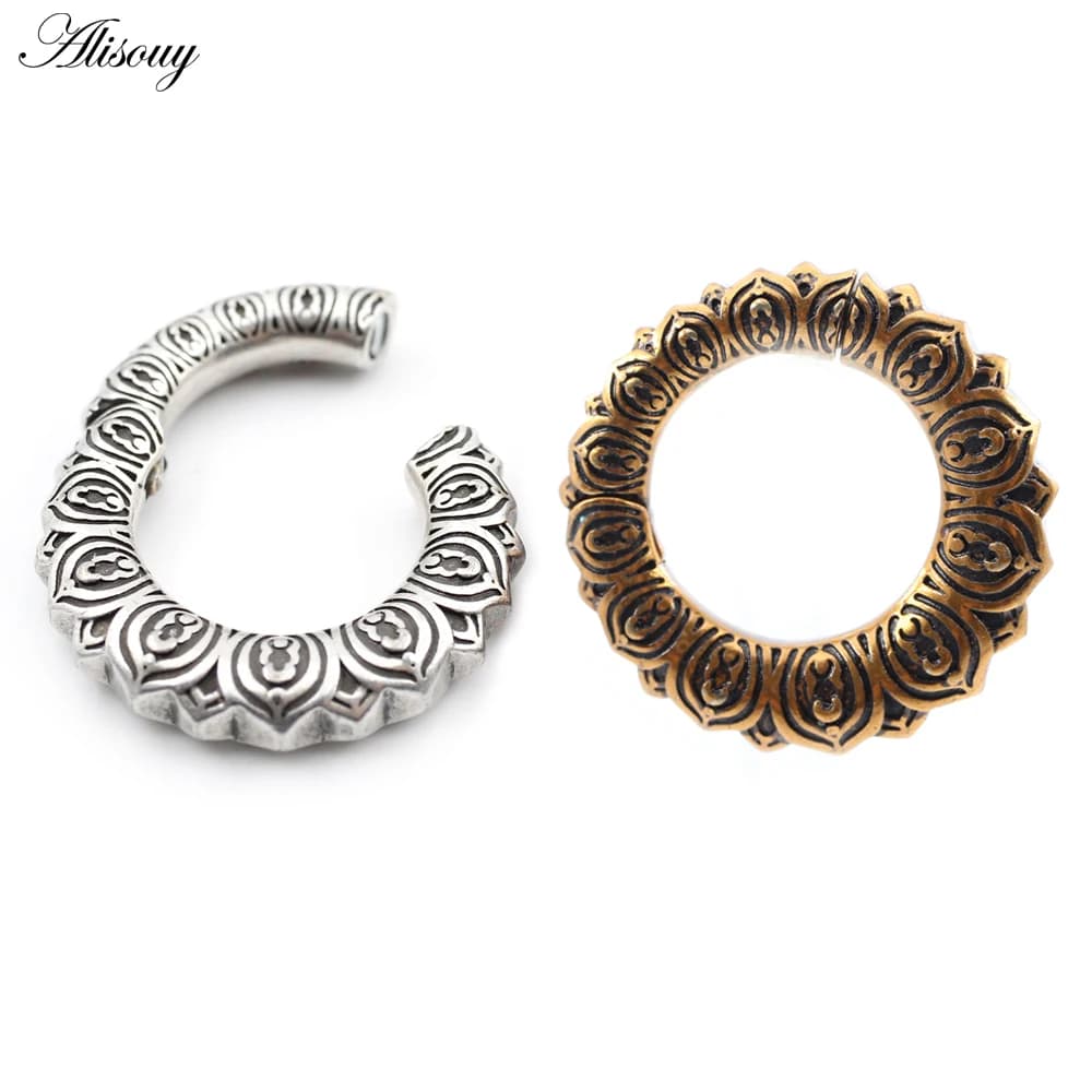 Alisouy 1PC Copper Lotus Flower Round Circle Hinged Ear Weights Expander Stretcher Plugs Gauges Earrings Body Piercing Jewelry