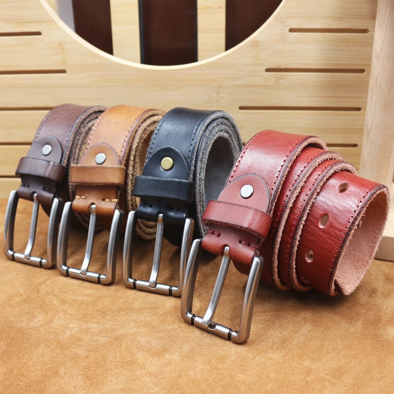 Cintura vintage da uomo larga 3,8 cm, stile punk, 100% pelle bovina, fibbia fatta a mano, cintura resistente, cintura alla moda per jeans, marrone