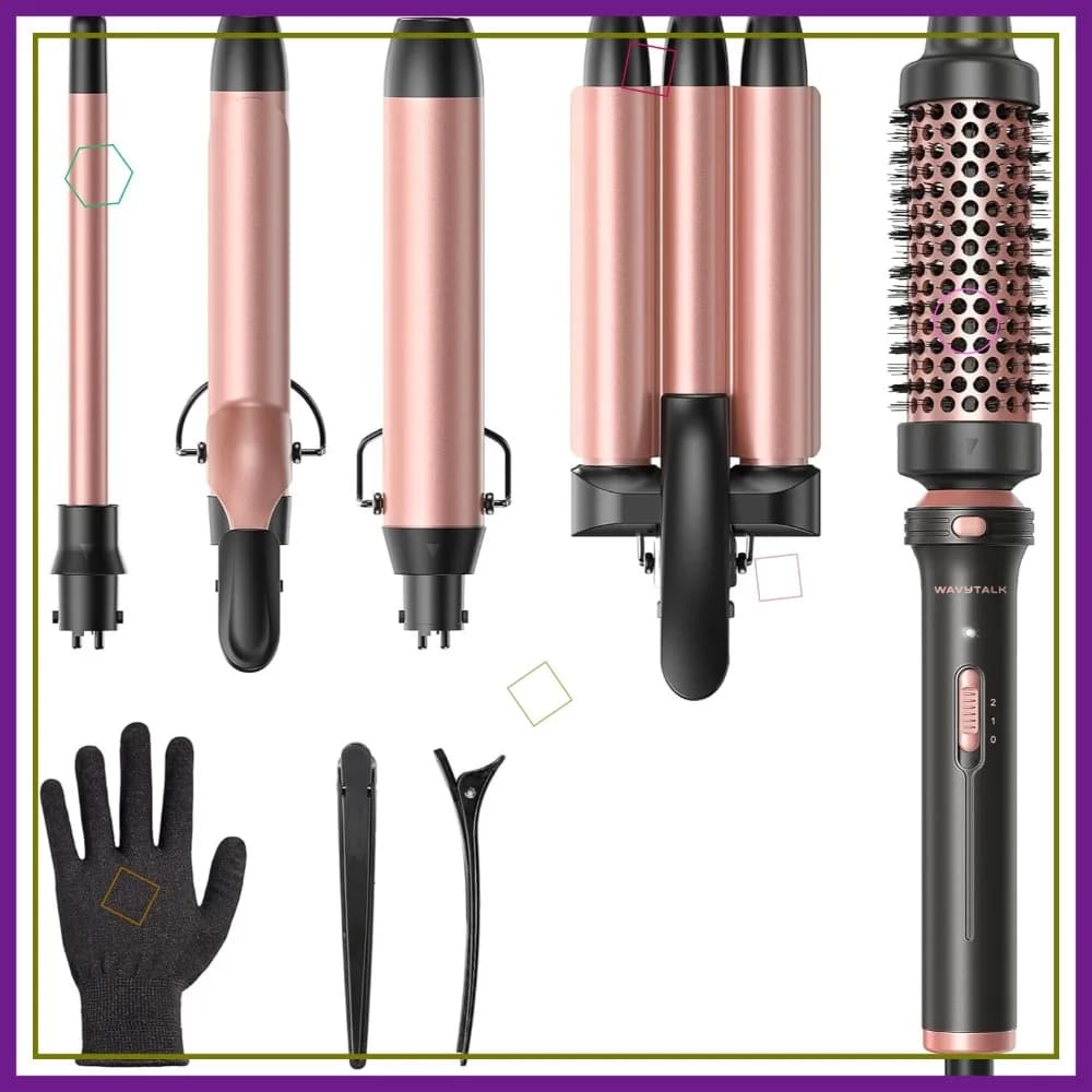 Set Arricciacapelli 5 in 1, Ferro Arricciacapelli a Doppio Voltaggio con 5 Cilindri Intercambiabili, Spazzola Termica e Piastra per Capelli, Rosa