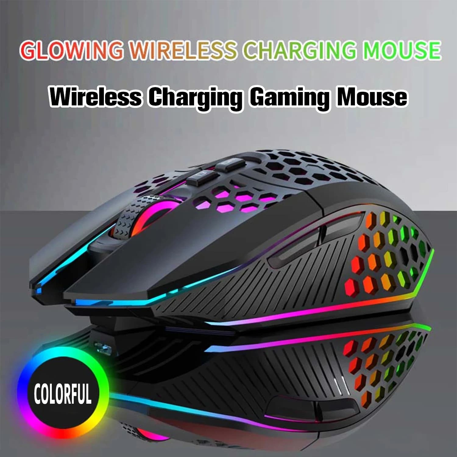 Mouse da gioco wireless: design ergonomico con illuminazione RGB, ricarica USB di tipo C, guscio a nido d'ape, per destrimani, precisione ottica
