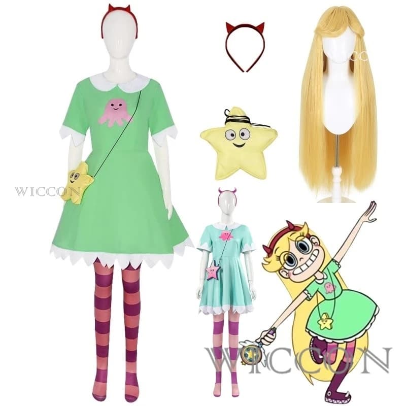 Anime Star vs. the Forces of Evil Star Butterfly Cosplay Green Dress Wig Red Headwear Socks Halloween Fancy Costume