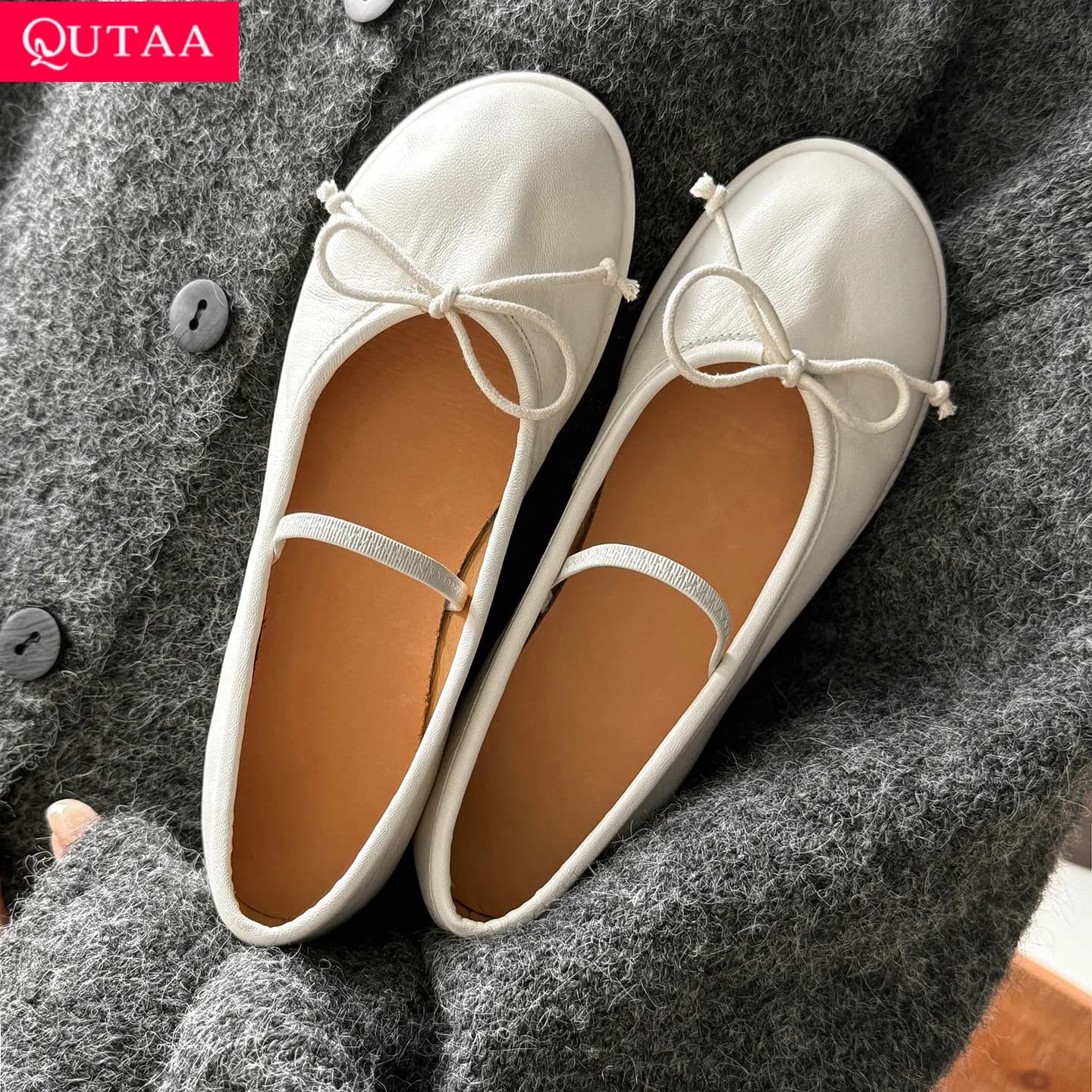 QUTAA 2026 Donne di Modo Appartamenti Scarpe di pelle di pecora Donna Mocassini Primavera Balletto Scarpe Casual Arco Punta Rotonda Vestito Delle Signore 34-40