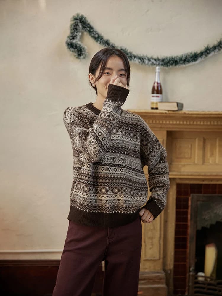 Nomumad Autunno Inverno Retro rotondo Ne Thi Needle Fair Isle Maglione Orso Venere Maglia di lana Lunga Sve Pullover da donna Top