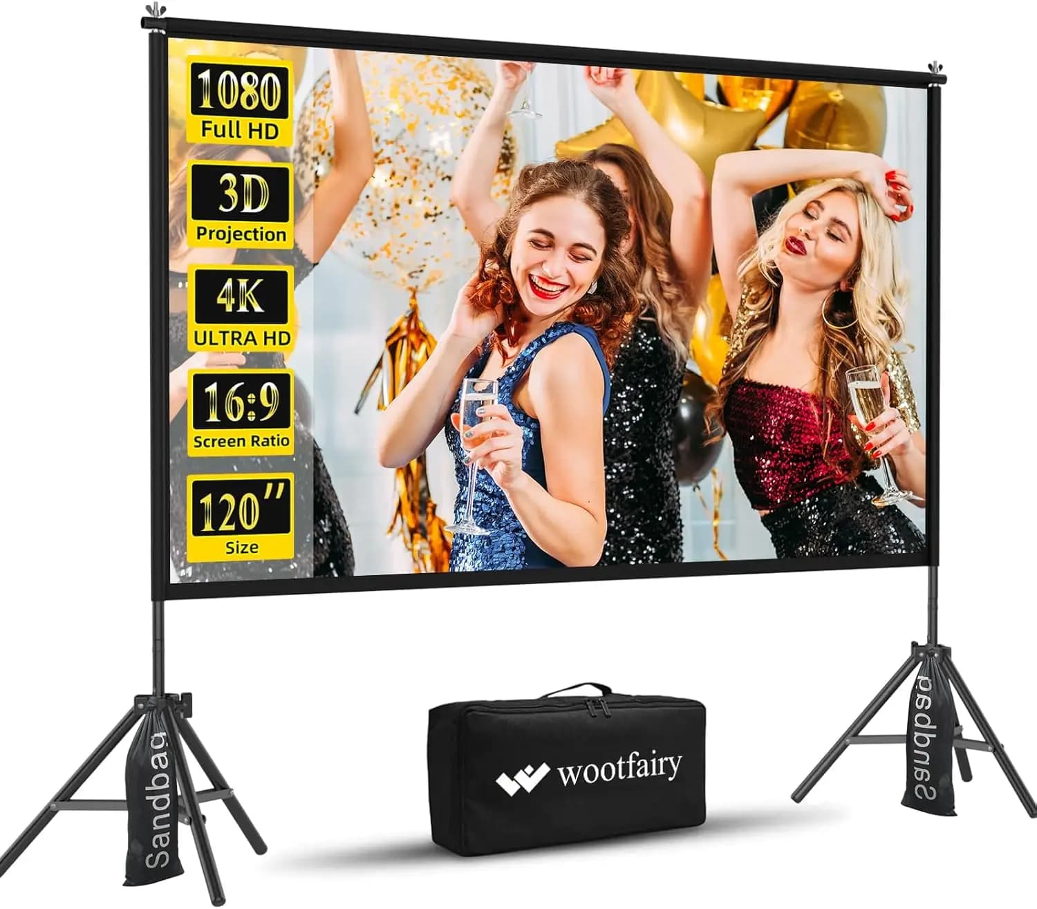Schermo per Proiettore Portatile Pieghevole da 120 Pollici con Supporto, 16:9 HD Senza Pieghe per Home Theater e Cinema all'Aperto
