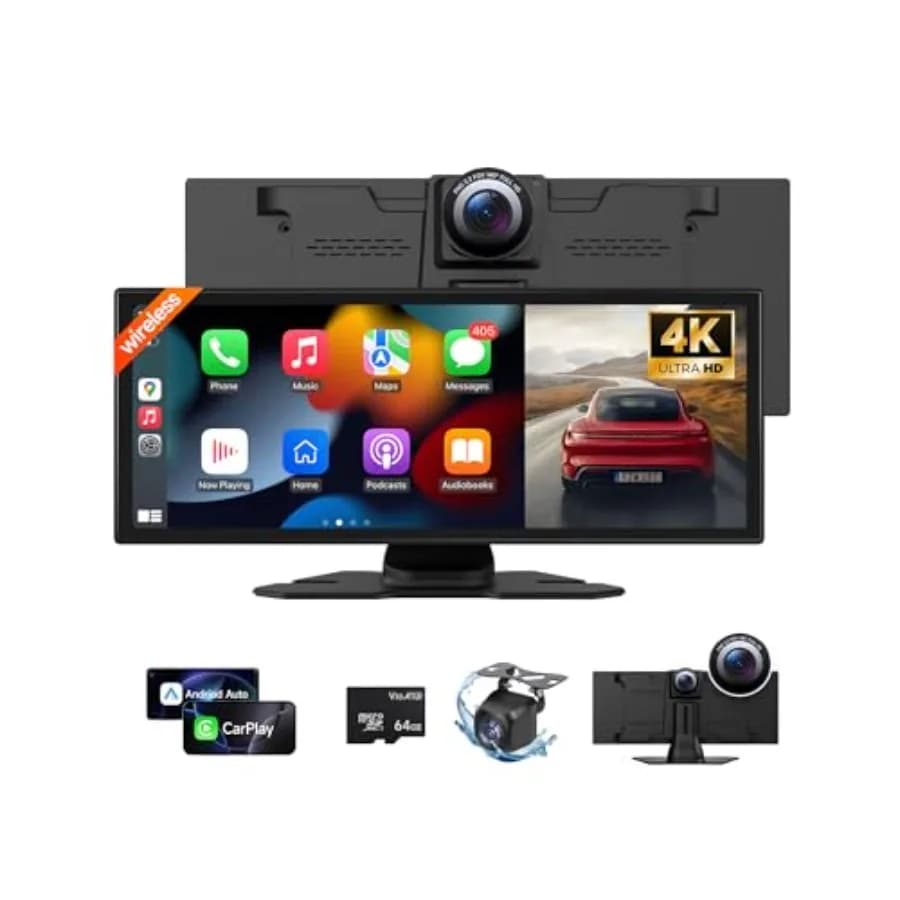Schermo CarPlay wireless per auto: touchscreen 4K da 11,26 pollici con dashcam, telecamera posteriore, Mirror Link, navigazione, Bluetooth, Siri, FM