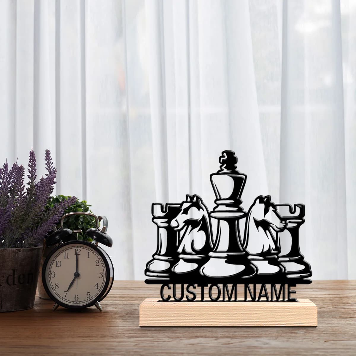 Statua in Metallo Personalizzata a Tema Scacchi con Base in Legno Ispirata alla Natura, Decorazione per Ufficio, Soggiorno e Spazi Zen