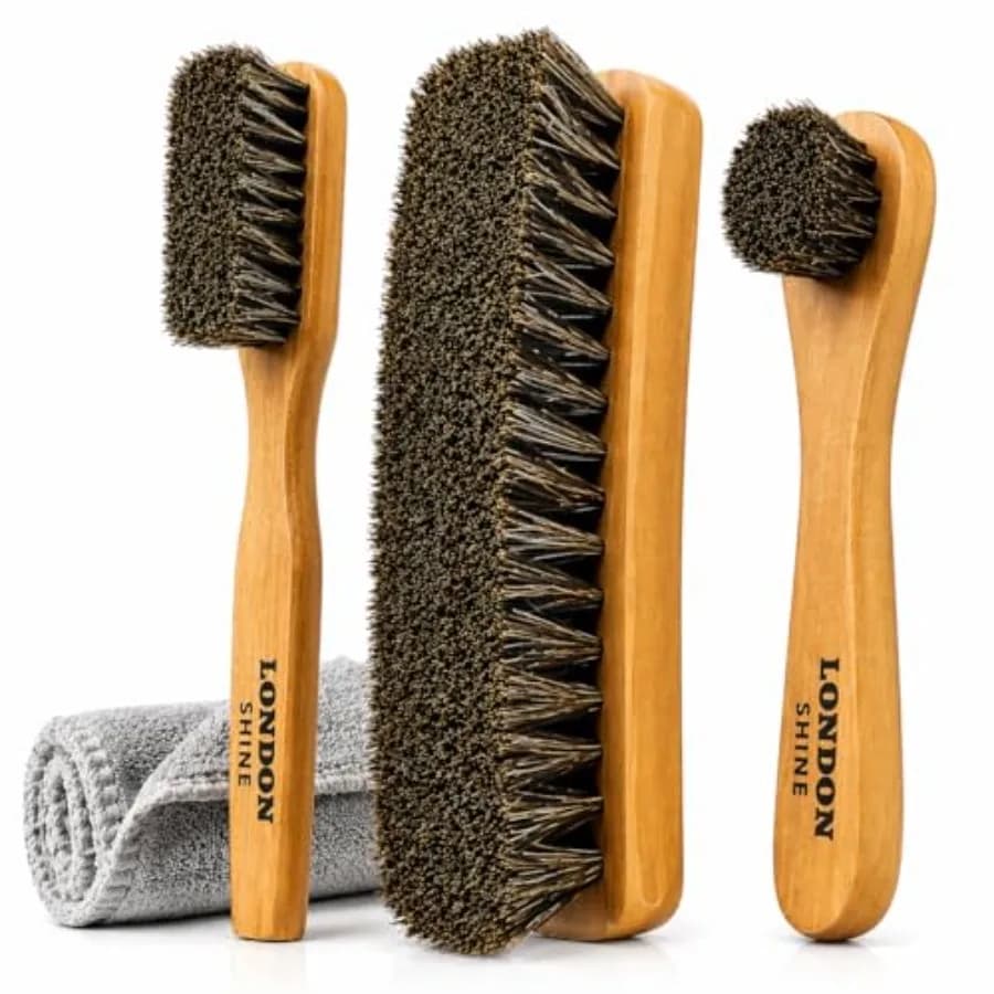 Shoe Shine Brush Kit, 4 Piece Horsehair Shoe Polish Brush Set for Leather Shoes and Boots, Shoe Care Cleaning Kit with Dauber A