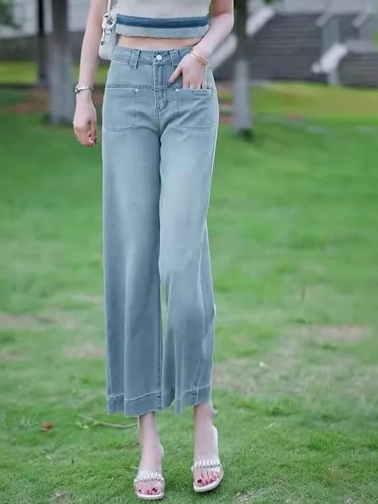 Nuovi Jeans Estivi Sottili 2025 in Denim Azzurro Chiaro a Vita Alta, Pantaloni Larghi Drappeggiati in Seta Ghiaccio, Taglio Dritto a Nove Punti per Donna