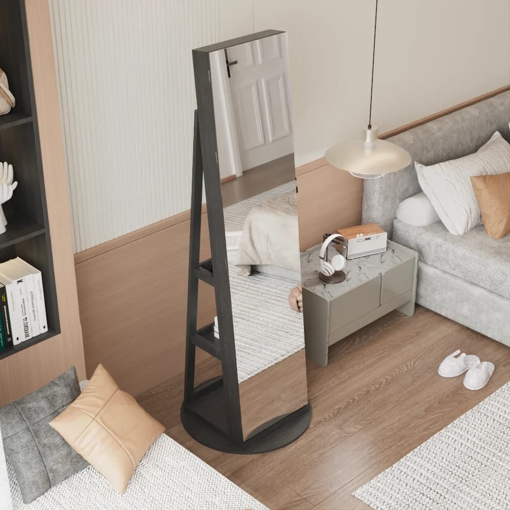 Armadio portagioielli nero con specchio a figura intera – 360 ° Armadio Girevole con Serratura e Scaffali Multi-Livello per Collane, Orecchini, Profumi
