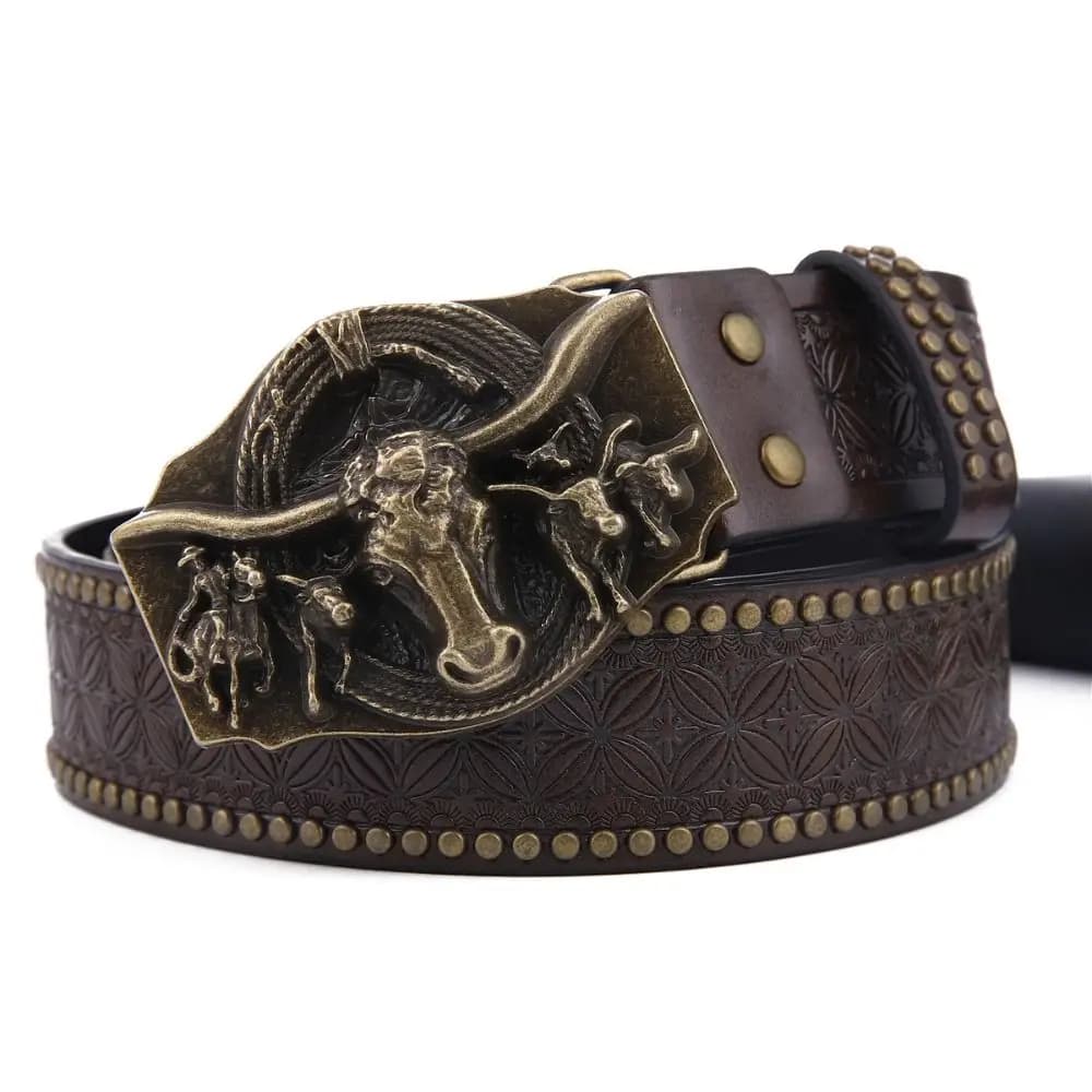 Men's Vintage PU Leather Cowboy Belt, Luxury Design, Trendy, With Bue Head Buckle, Business Casual Belt