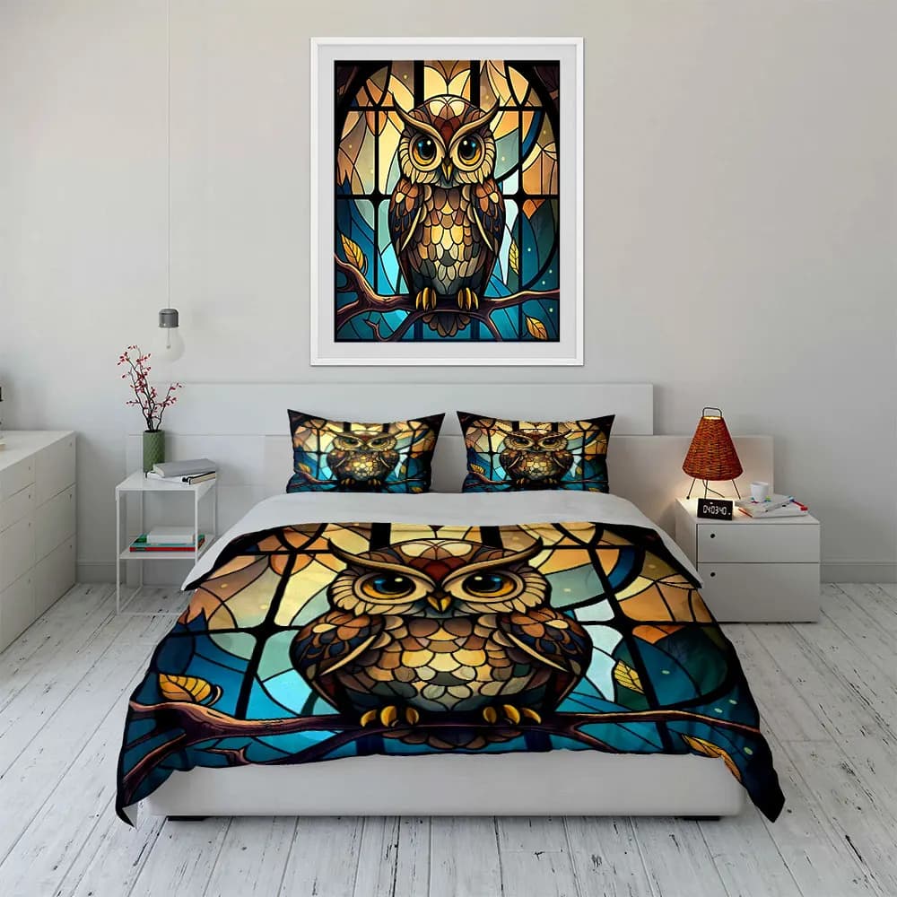 Set di biancheria da letto con decorazioni artistiche in vetro colorato Owls, con 1 copripiumino e 2 federe, singolo, matrimoniale, king, queen, regalo