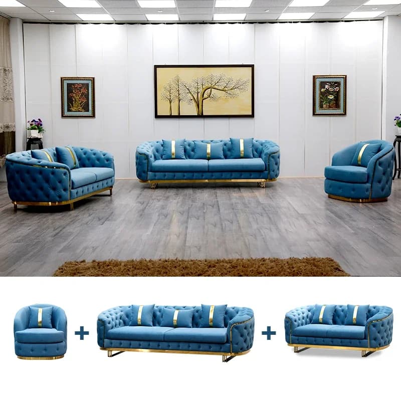 -Gambe dorate di lusso Set di divani Chesterfield in velluto trapuntato con bottoni blu in acciaio inossidabile Divano a 3 posti Set di divani per soggiorno