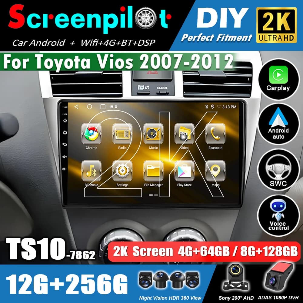 Android 16 Car Stereo Radio Multimedia Player For Toyota Vios 2007-2012 GPS RDS Wireless Carplay Auto 2K QLED Bluetooth wifi 4G