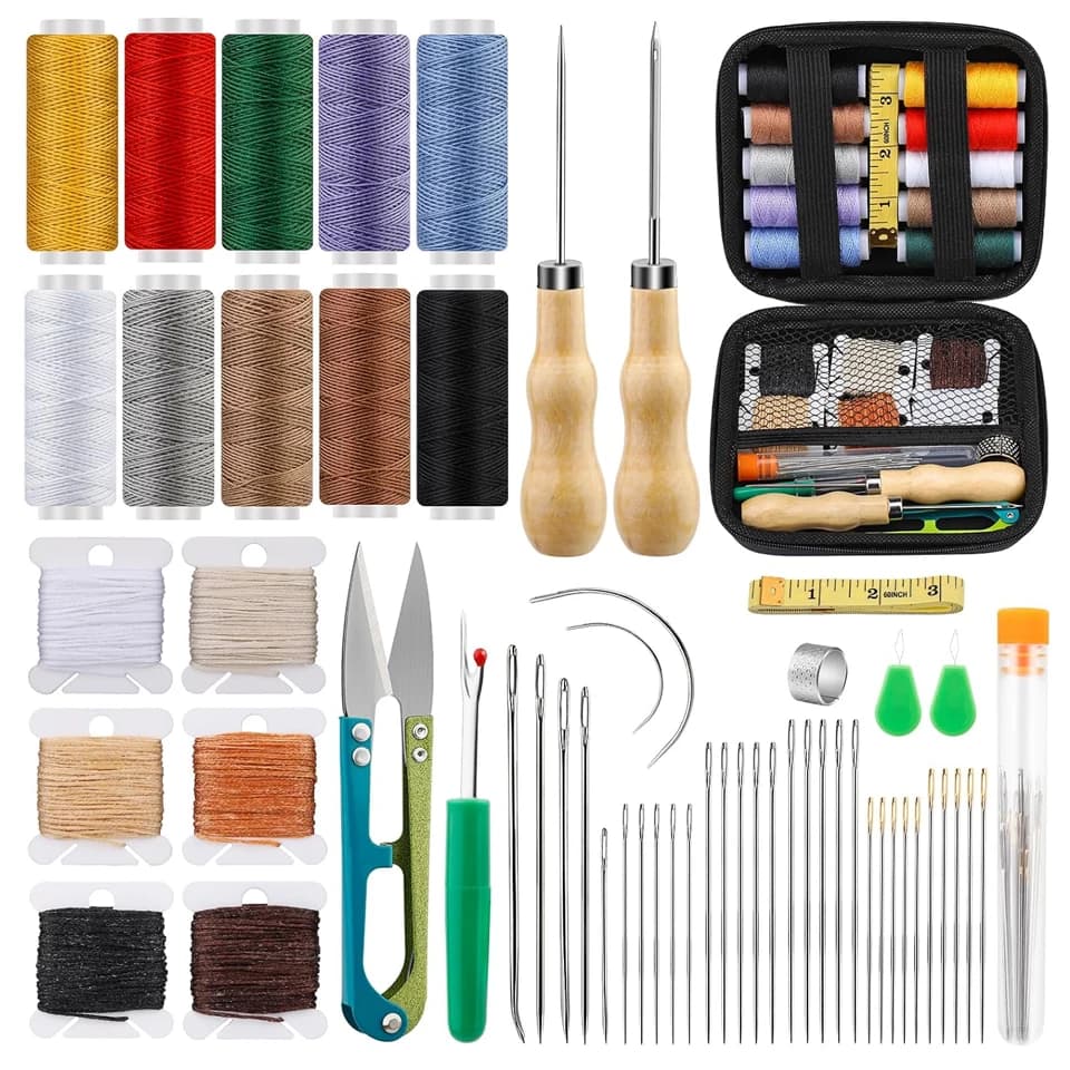Kit da cucito in pelle da 56 pezzi con filo da cucito da 10 rotoli, accessori per aghi da cucito con filo cerato per scarpe da tappeto zaino per seggiolino auto
