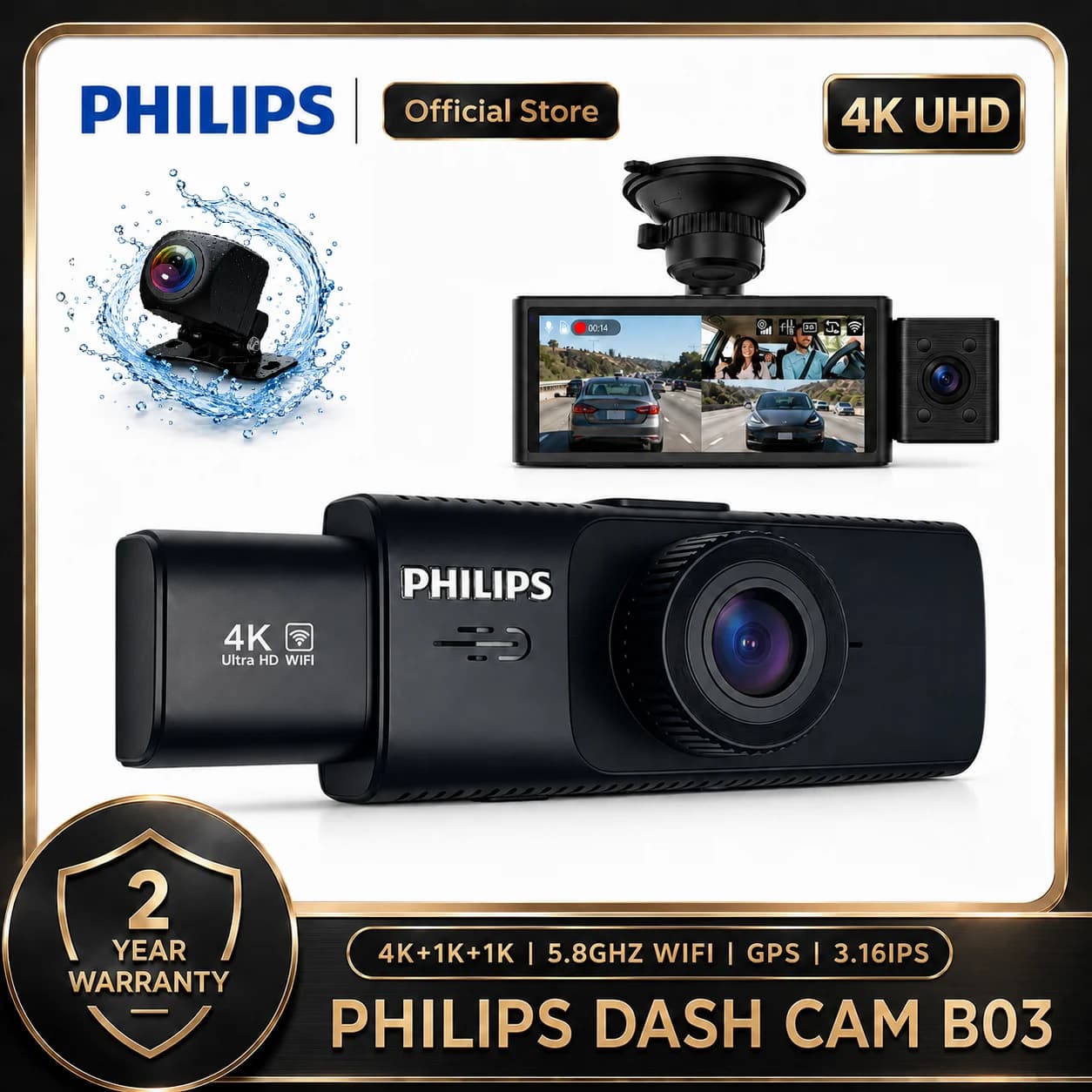 PHILIPS Dash Cam B03 4K+1K+1K HDR 3 Channel Front Cabin Rear 3.16 Inch IPS 2.4G & 5.8G WiFi APP GPS Support 24H Parking Car DVR