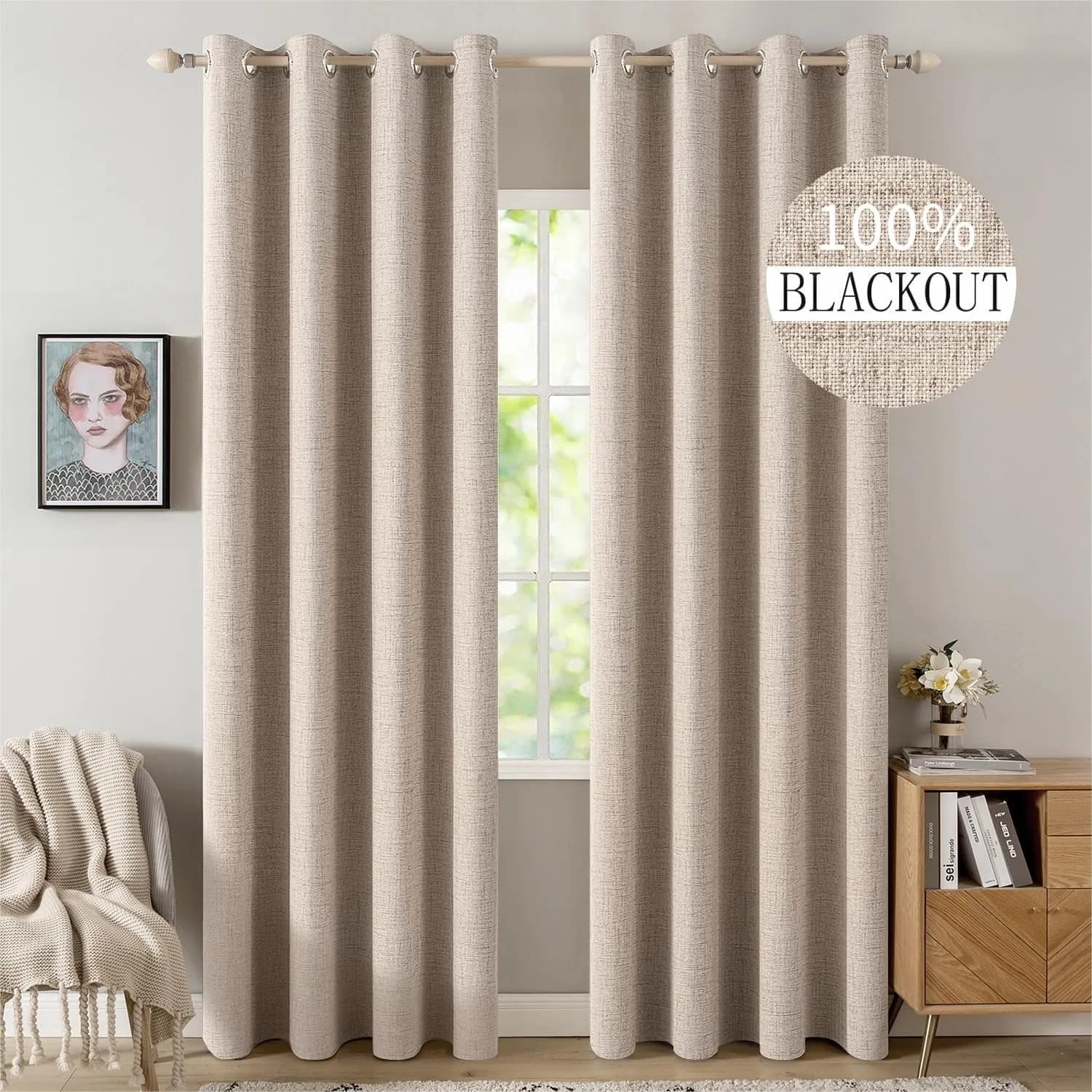 Tende Oscuranti per Camera da Letto, Tende Termoisolanti con Texture Lino Beige Naturale e Occhielli, 52x84 Pollici 2 Pannelli