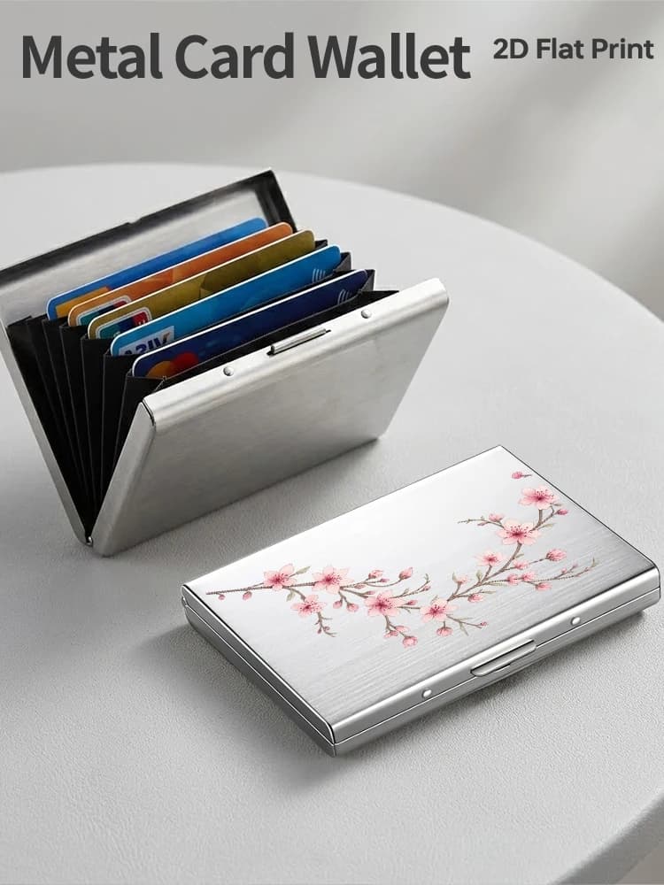 Pink peach blossom branch pattern RFID anti-theft unisex metal card holder, side opening design, ultra-thin frosted card clip du