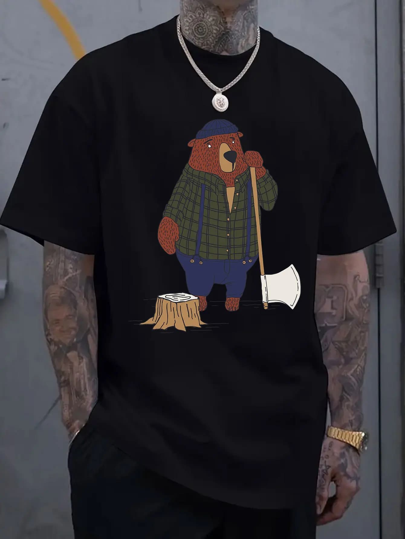 Funny Men's Black Graphic T-Shirt Bear Lumberjack Plaid Shirt Beanie Tree Stump Axe Cartoon Forest Illustration Print 100% Cotton Heavyweight Short Sleeve Casual Streetwear Tee