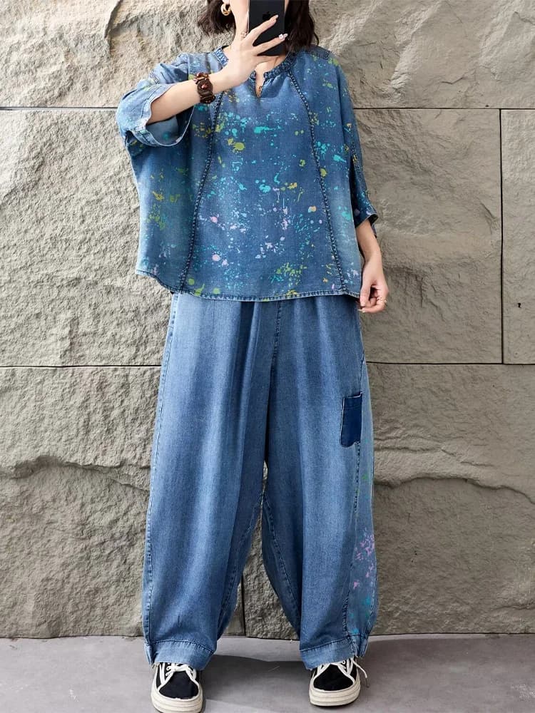 2026 Outfits Ladies Fashion T-Shirts Suits Loose Printed Denim Two Pieces Sets Loose Tops Casual Jeans Classic Pants