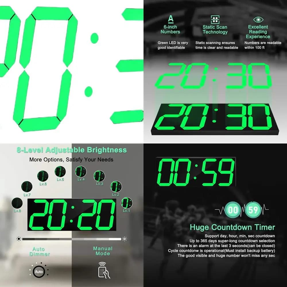 Jumbo LED Wall Clock with 6 Numbers, Remote Timer, Auto-Oscuramento, Calendar and Thermometer (Verde)