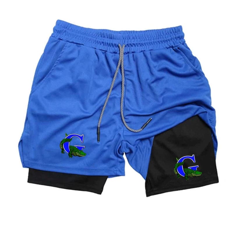Men's 2-in-1 Bull Head Print Sport Shorts Quick Dry drawstring Gym Running Compression Training Shorts side pocket