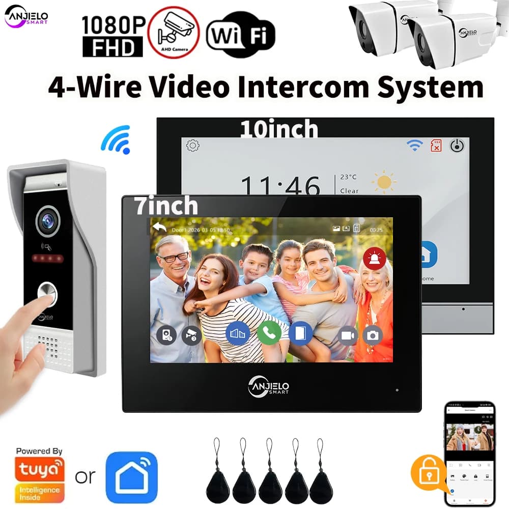 ANJIELO Videocitofono Smart Tuya a 4 Fili per Sistema Domestico, 7/10 Pollici, 1080P, Supporta Sblocco Remoto e Rilevamento Movimento