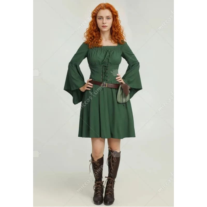 Miccostumes's-8 Costume cosplay da donna verde medievale rinascimentale con collo quadrato e maniche larghe