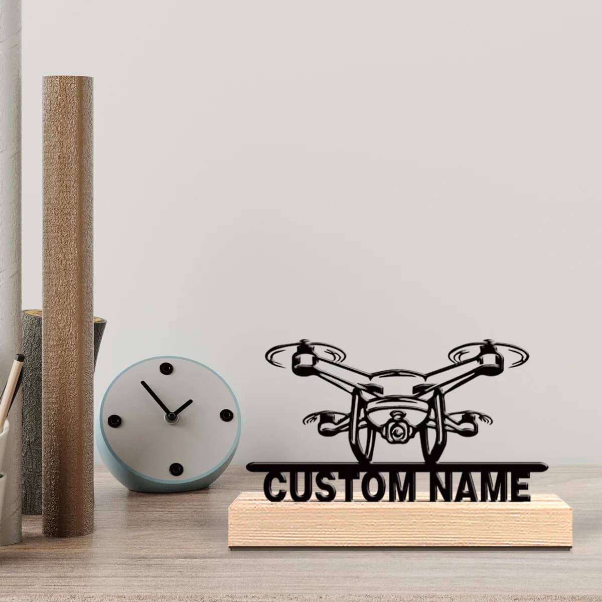 Custom UAV Metal Statue with Wood Base, Table Decoration with Wood Beads Accents, Unique Bedroom Wall Decor