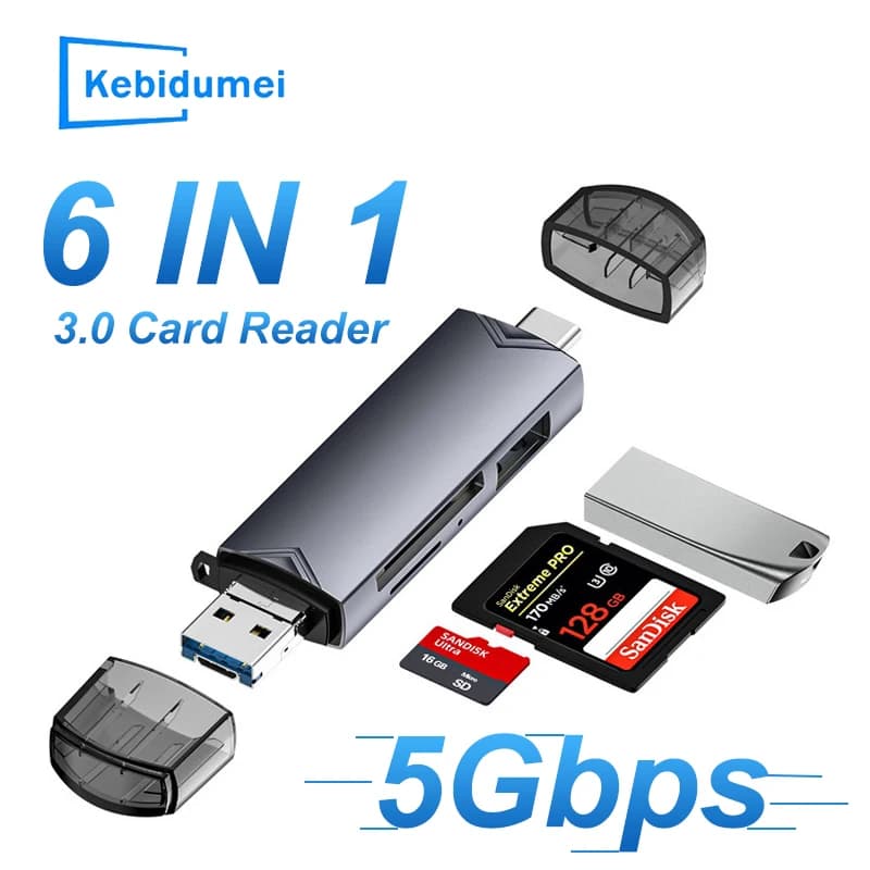 Lettore di schede 6 in 1 da USB 3.0 a tipo C SD TF Supporto per unità flash con trasmissione ad alta velocità per adattatore OTG da 2 TB per accessori per laptop