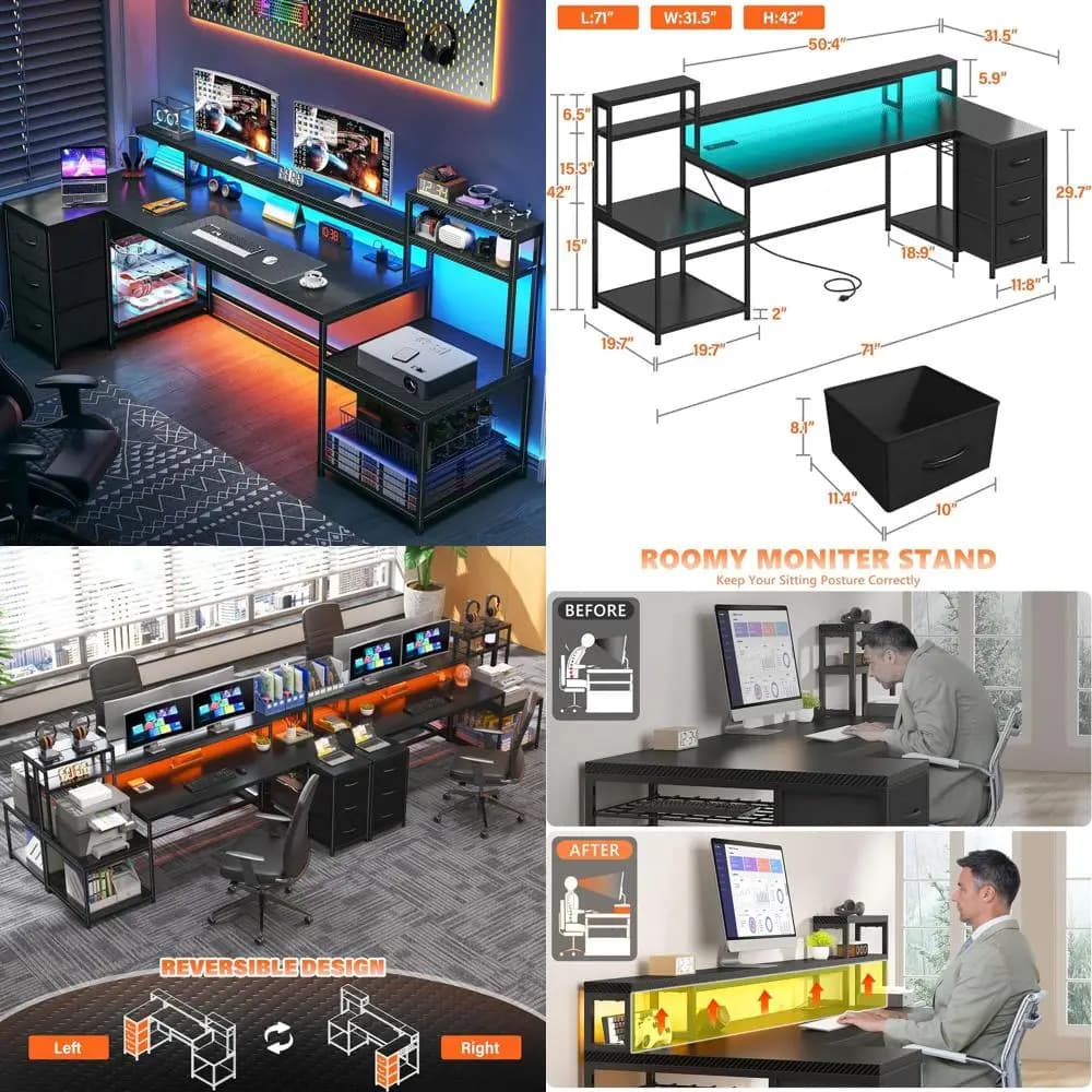 Scrivania da Gaming a L con 3 Cassetti, Supporto Monitor, Presa di Corrente, Luce LED e Ripiano per Stampante - Scrivania per Ufficio Domestico in Nero Carbone