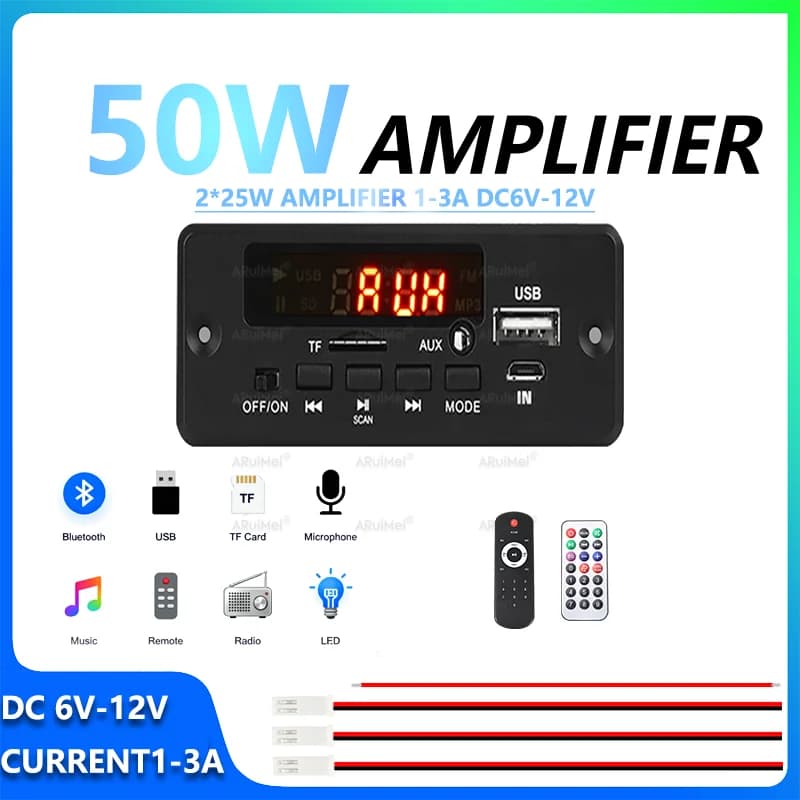 Scheda Amplificatore Audio 2x25W TDA7377 DC6V-12V 1-3A Mini Stereo AMP con Telecomando, Cavo di Alimentazione, Cavo per Altoparlanti, Custodia in Plastica Nera