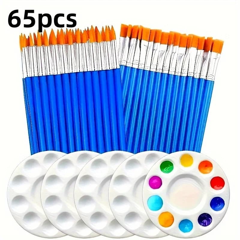 A Set of 60 Paintbrushes and Palettes: 30 Flat and 30 Pointed Nylon Hair Artist Brushes with 5 Round Palettes for Acrylic, Water