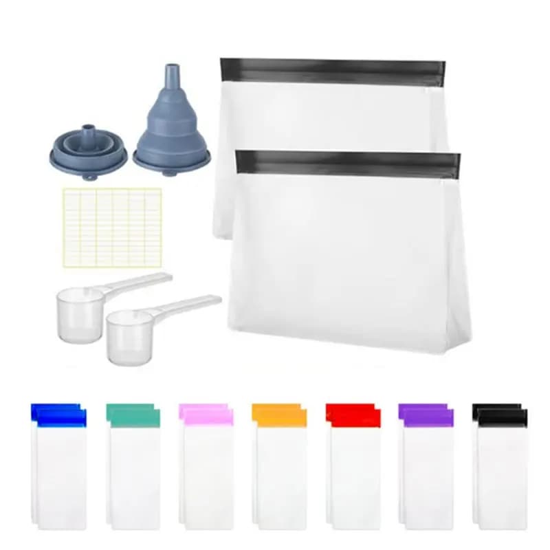 Set of reusable travel containers for B-Est powder proteins, single dose supplements packages with funnels, spoons and labels