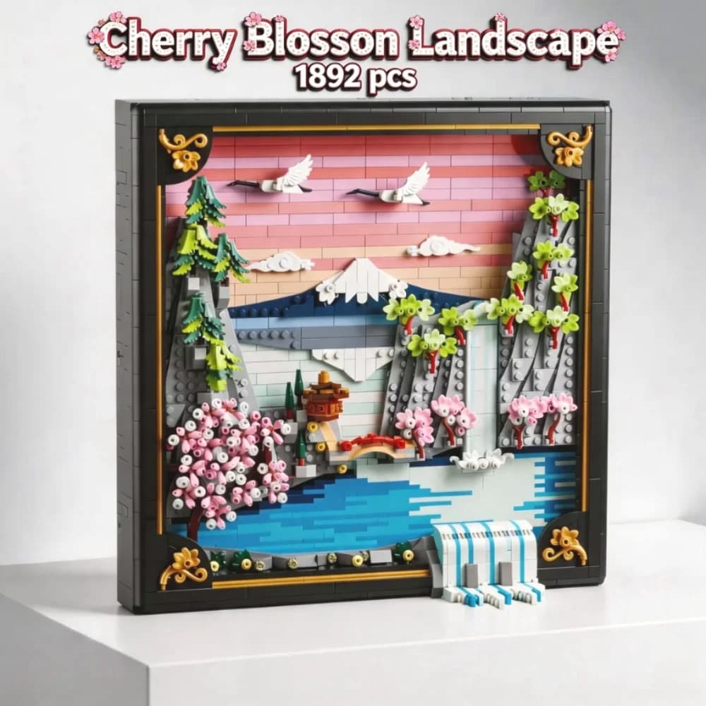 Set di Costruzioni 3D con 1892 Pezzi, Paesaggio del Monte Fuji con Fiori di Ciliegio, Decorazione Creativa per Cornice Fotografica, Modello Regalo