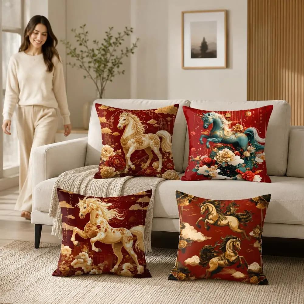 Red Horse - Themed Pattern Cushion Cover Soft Short Plush Pillow Case Double Sided Print Washable Sofa Home Decor Gift
