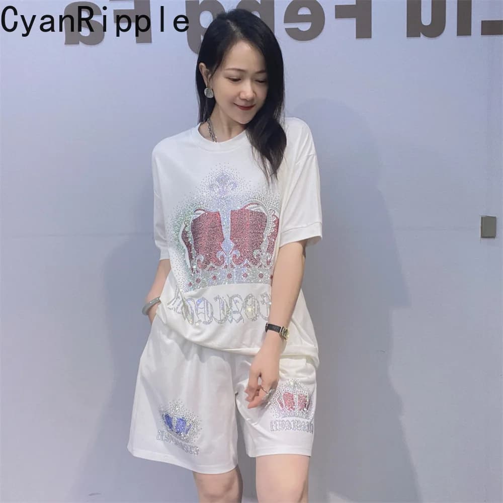2026 New Spring Summer Women Two-piece Set Luxury Crown Hot Diamonds Short Sleeve T-shirt Top + Elastic Waist Wide Leg Shorts
