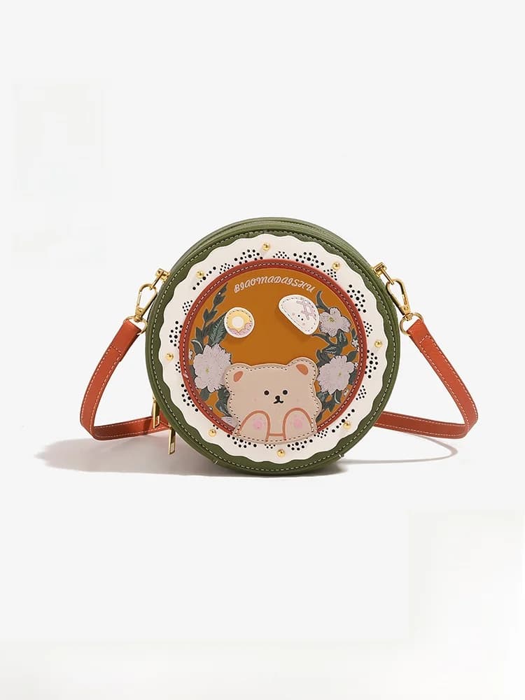 Polaiya Cute round Cake Bag Fashionable Crossbody Bag for Women 2024 Summer Collection Soft Leather Handbag Floral Pattern