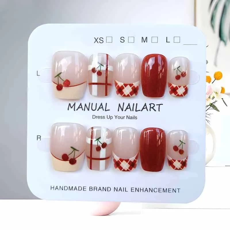 10 pieces french style plaid flower pink cat eye print on nails cherry grill patches for detachable nail sticker for manicure patch for fake nails