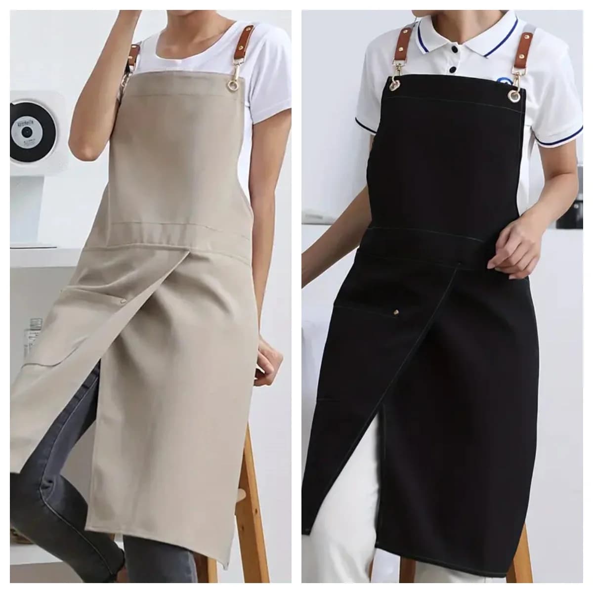 1 pezzo di grembiule in tela impermeabile con tasche: design con gonna divisa, comodo da passeggio, molto adatto per ristoranti, caffetterie