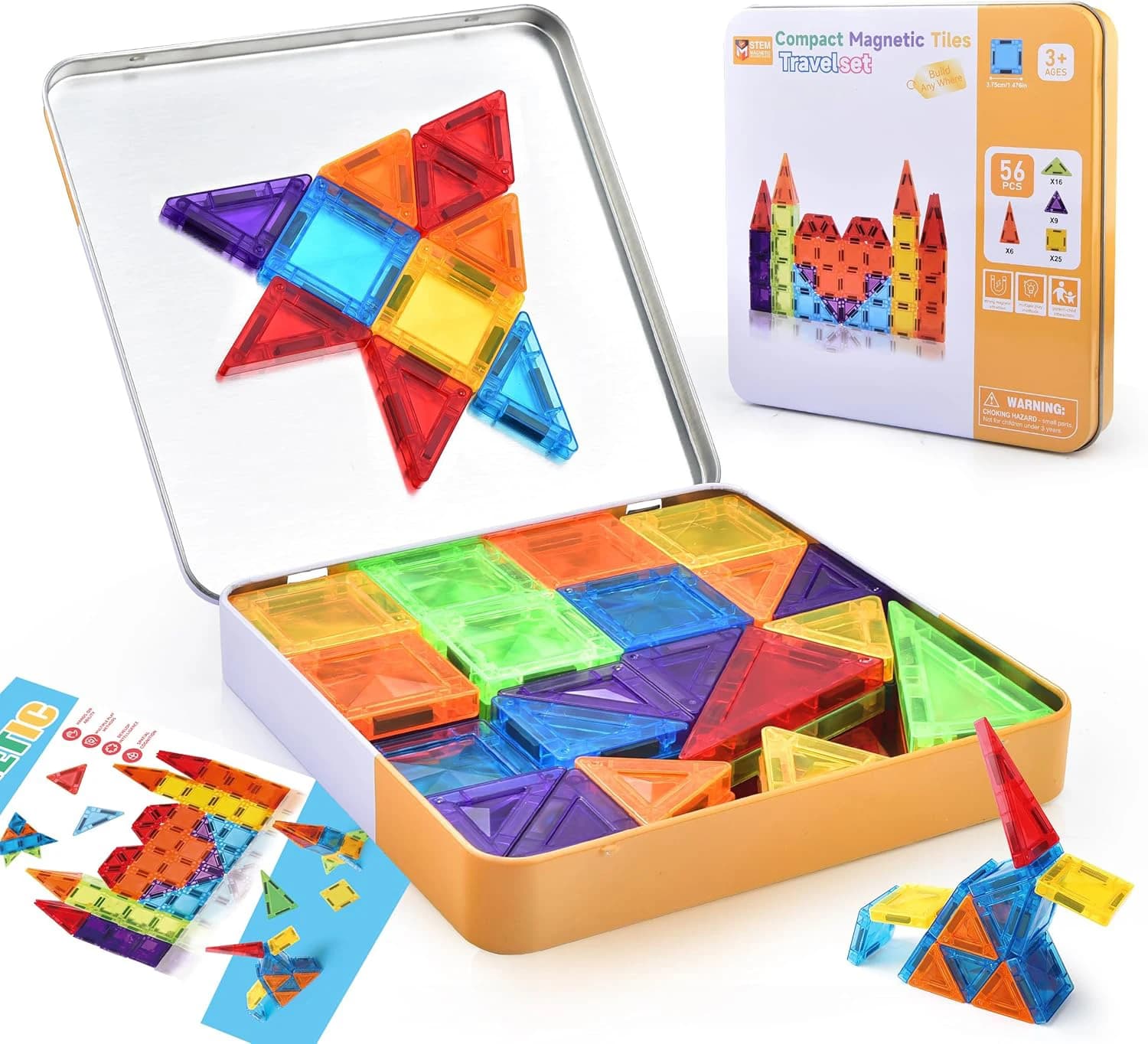 Magnetic Tiles Travel Set Metal Tin Box STEM Building Blocks Colorful ABS Magnet Toy for Kids 3+ Boys Girls Birthday Holiday