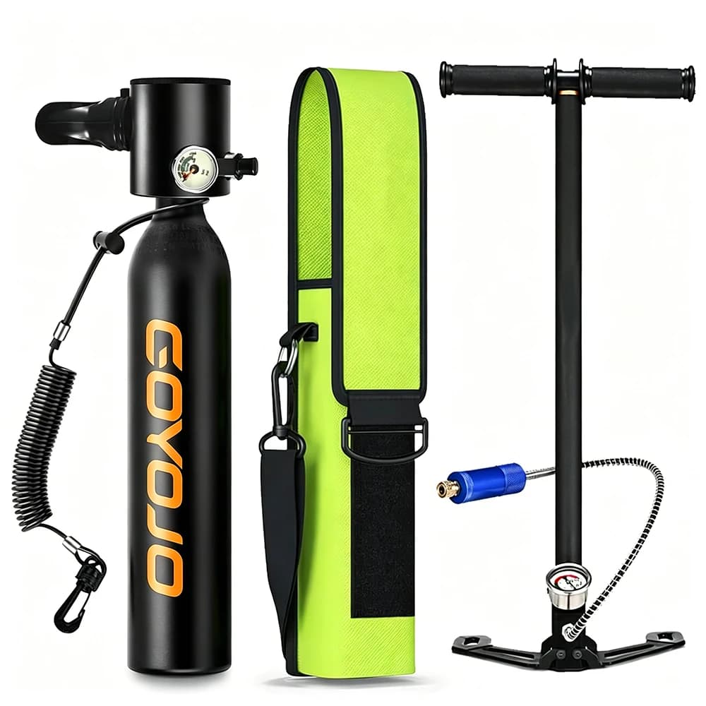 GOYOJO Mini bombola di ossigeno per immersioni con borsa portaoggetti, pompa, cordino di sicurezza, bombola piccola da 0,5L, certificazione DOT.