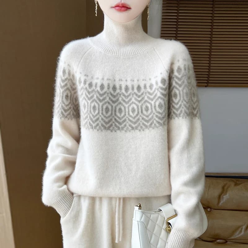 New Women's Sweater Autumn/Winter 100% Merino Wool Sweater Casual Loose High Collar Pullover Fashion Korean Jacquard Women's Top
