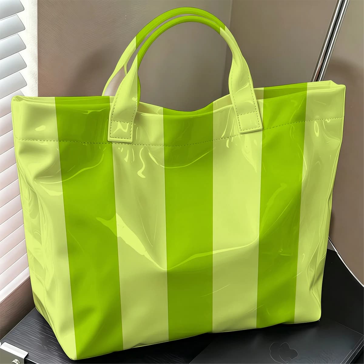 Lime Green Stripes Cute Large Glossy PVC Tote Bag Hand Washable Lightweight Soft Great for Travel Commute Makeup Storage Handbag